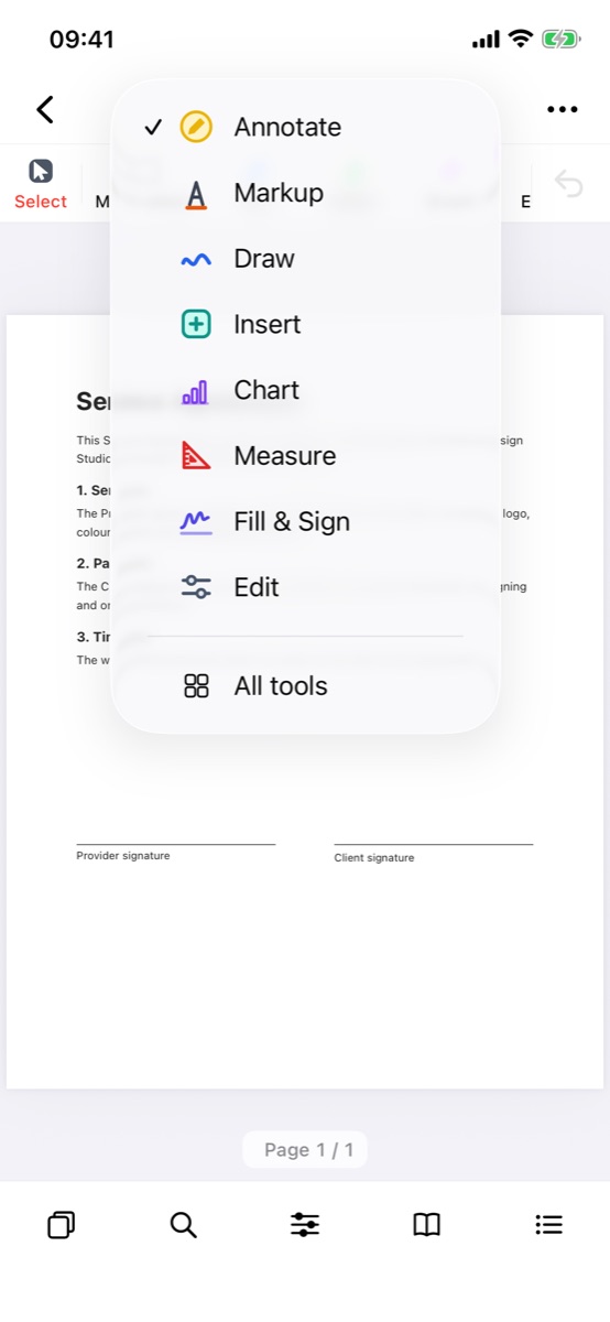 The tool group menu with Fill & Sign